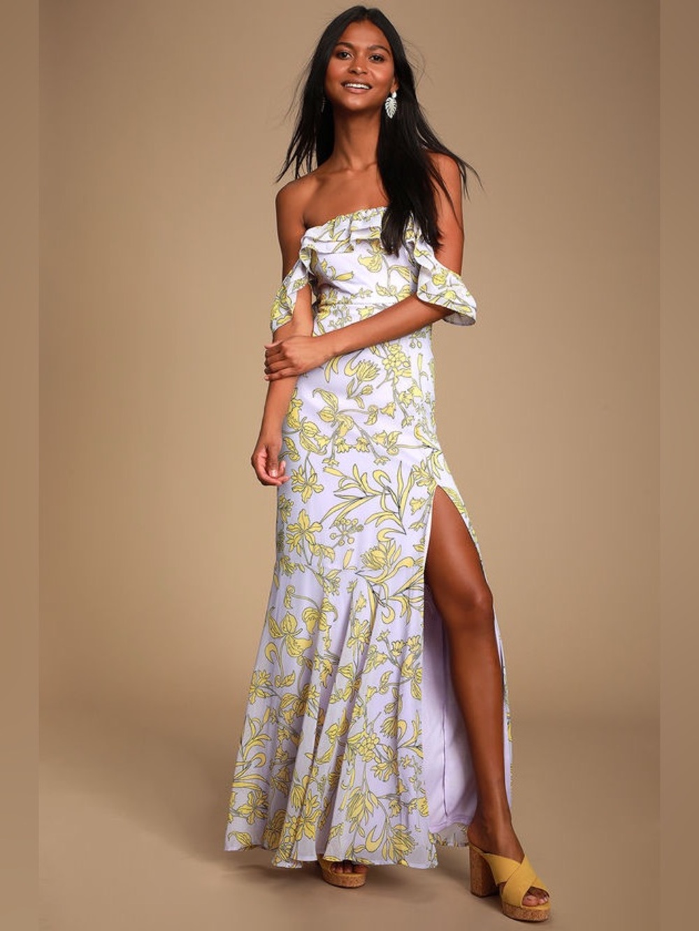 Lulus Adelaide Lavender Floral Print Off-the-Shoulder Maxi Dress Medium